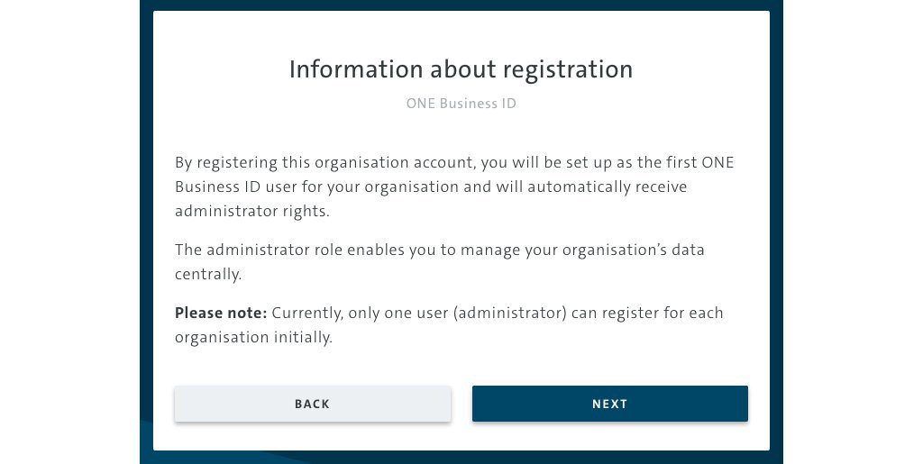 picture of the One Business ID registration screen