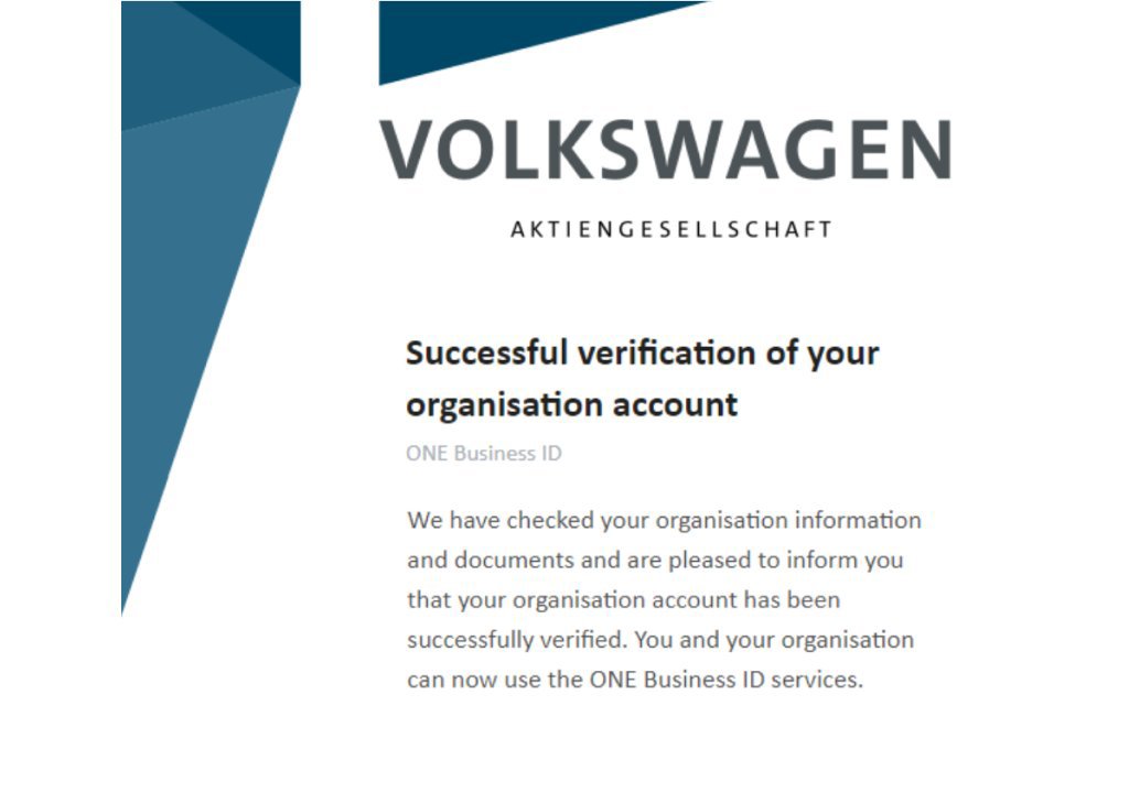 picture of the One Business ID registration screen success message