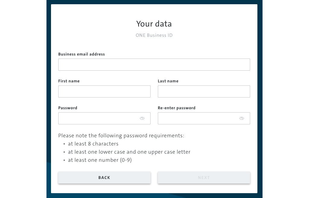 picture of the One Business ID registration screen