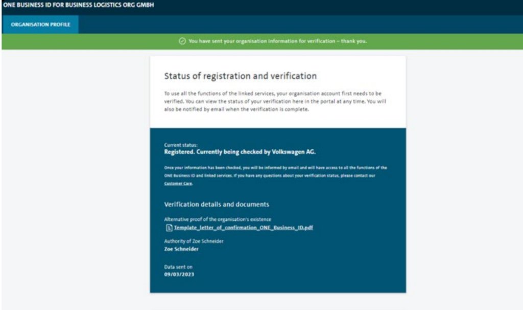 picture of the One Business ID registration screen